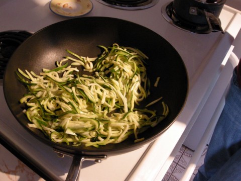 Frying the zucchini pasta 
